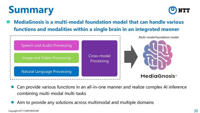 30
Copyright NTT CORPORATION
Summary
 MediaGnosis is a multi-modal foundation model that can handle various
functions and modalities within a single brain in an integrated manner
Speech and Audio Processing
Image and Video Processing
Natural Language Processing
Cross-modal
Processing
 Can provide various functions in an all-in-one manner and realize complex AI inference
combining multi-modal multi-tasks
 Aim to provide any solutions across multimodal and multiple domains
Multi-modal foundation model
