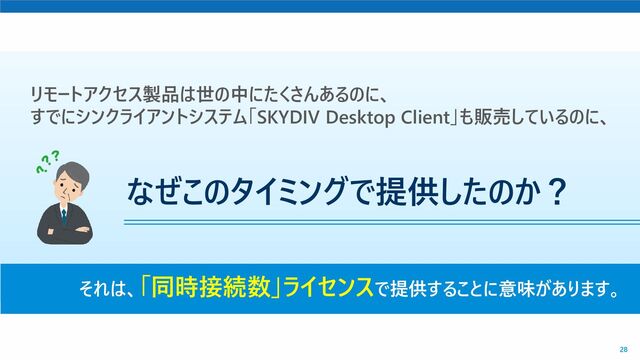 28
リモートアクセス製品は世の中にたくさんあるのに、
すでにシンクライアントシステム「SKYDIV Desktop Client」も販売しているのに、
なぜこのタイミングで提供したのか？
それは、「同時接続数」ライセンスで提供することに意味があります。
