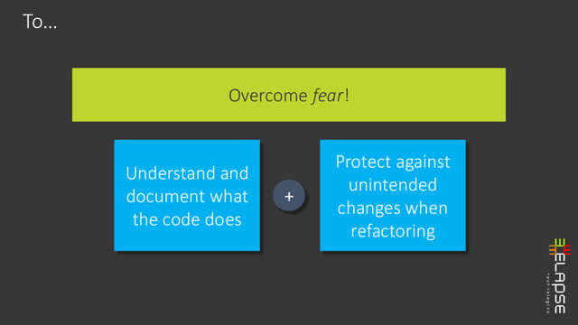 Overcome fear!
To…
Understand and
document what
the code does
Protect against
unintended
changes when
refactoring
+
