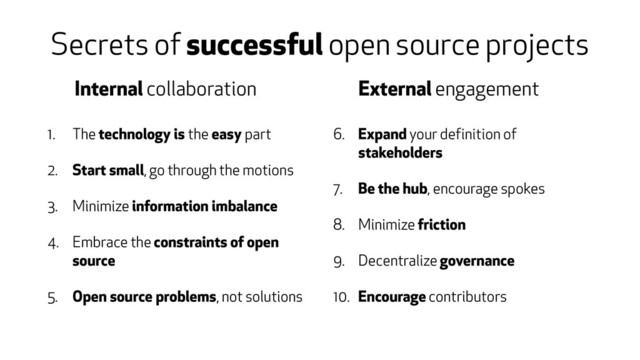 Secrets of successful open source projects
1. The technology is the easy part
2. Start small, go through the motions
3. Minimize information imbalance
4. Embrace the constraints of open
source
5. Open source problems, not solutions
6. Expand your definition of
stakeholders
7. Be the hub, encourage spokes
8. Minimize friction
9. Decentralize governance
10. Encourage contributors
Internal collaboration External engagement

