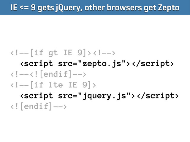 IE <= 9 gets jQuery, other browsers get Zepto




