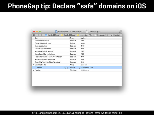 PhoneGap tip: Declare “safe” domains on iOS
http://anujgakhar.com/2011/11/22/phonegap-gotcha-error-whitelist-rejection

