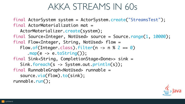 AKKA STREAMS IN 60s
final ActorSystem system = ActorSystem.create("StreamsTest");
final ActorMaterialization mat =
ActorMaterializer.create(system);
final Source source = Source.range(1, 10000);
final Flow flow =
Flow.of(Integer.class).filter(n -> n % 2 == 0)
.map(e -> e.toString());
final Sink> sink =
Sink.foreach(s -> System.out.println(s));
final RunnableGraph runnable =
source.via(flow).to(sink);
runnable.run();
