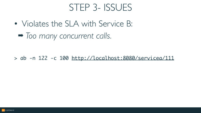 STEP 3- ISSUES
• Violates the SLA with Service B:
➡ Too many concurrent calls.
> ab -n 122 -c 100 http://localhost:8080/servicea/111
