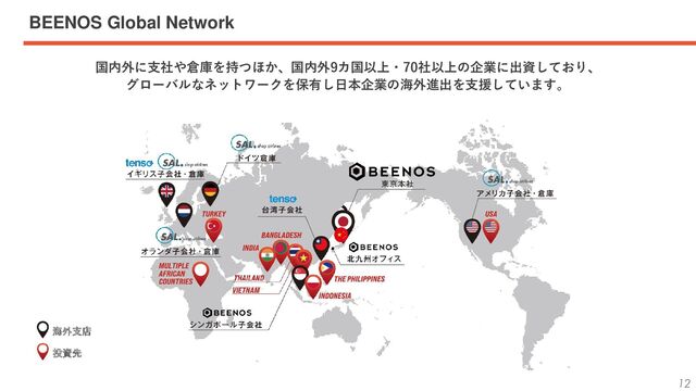 12
国内外に支社や倉庫を持つほか、国内外9カ国以上・70社以上の企業に出資しており、
グローバルなネットワークを保有し日本企業の海外進出を支援しています。
BEENOS Global Network
海外支店
投資先
