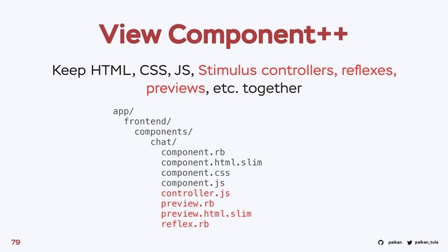 palkan_tula
palkan
View Component++
79
app/
frontend/
components/
chat/
component.rb
component.html.slim
component.css
component.js
controller.js
preview.rb
preview.html.slim
reflex.rb
Keep HTML, CSS, JS, Stimulus controllers, reﬂexes,
previews, etc. together
