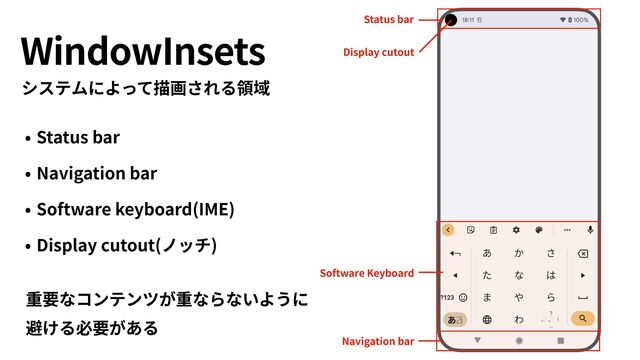 WindowInsets
• Status bar


• Navigation bar


• Software keyboard(IME)


• Display cutout(ノッチ)
システムによって描画される領域
Status bar
Navigation bar
Software Keyboard
Display cutout
重要なコンテンツが重ならないように
 
避ける必要がある
