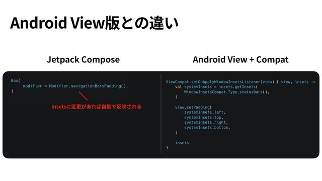Android View版との違い
Insetsに変更があれば⾃動で反映される
Jetpack Compose Android View + Compat
