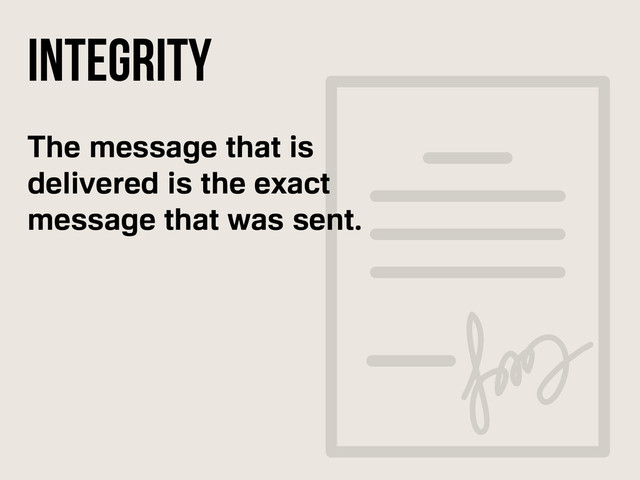 The message that is
delivered is the exact
message that was sent.
integrity
