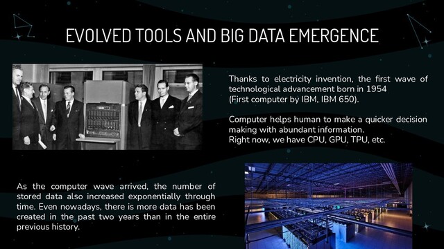 EVOLVED TOOLS AND BIG DATA EMERGENCE
Thanks to electricity invention, the ﬁrst wave of
technological advancement born in 1954
(First computer by IBM, IBM 650).
Computer helps human to make a quicker decision
making with abundant information.
Right now, we have CPU, GPU, TPU, etc.
As the computer wave arrived, the number of
stored data also increased exponentially through
time. Even nowadays, there is more data has been
created in the past two years than in the entire
previous history.
