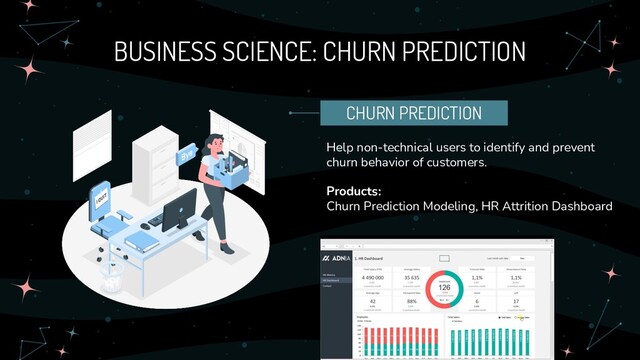 BUSINESS SCIENCE: CHURN PREDICTION
Help non-technical users to identify and prevent
churn behavior of customers.
Products:
Churn Prediction Modeling, HR Attrition Dashboard
CHURN PREDICTION
