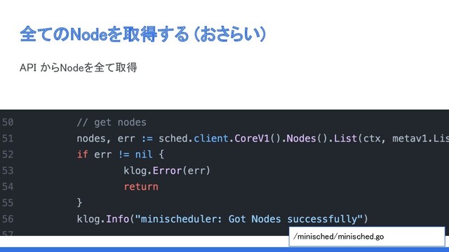 全てのNodeを取得する (おさらい) 
API からNodeを全て取得 
/minisched/minisched.go  
