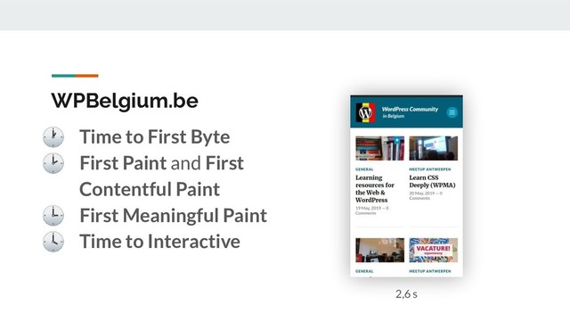 WPBelgium.be
 Time to First Byte
 First Paint and First
Contentful Paint
 First Meaningful Paint
 Time to Interactive
2,6 s
