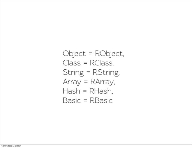 Object = RObject,
Class = RClass,
String = RString,
Array = RArray,
Hash = RHash,
Basic = RBasic
12年12月8日星期六
