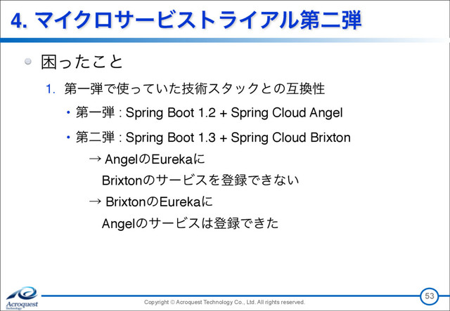 Copyright © Acroquest Technology Co., Ltd. All rights reserved.
Copyright © Acroquest Technology Co., Ltd. All rights reserved.
4. ϚΠΫϩαʔϏετϥΠΞϧୈೋ஄
ࠔͬͨ͜ͱ
1. ୈҰ஄Ͱ࢖͍ٕͬͯͨज़ελοΫͱͷޓ׵ੑ
• ୈҰ஄ : Spring Boot 1.2 + Spring Cloud Angel
• ୈೋ஄ : Spring Boot 1.3 + Spring Cloud Brixton 
ɹˠ AngelͷEurekaʹ 
ɹɹBrixtonͷαʔϏεΛొ࿥Ͱ͖ͳ͍ 
ɹˠ BrixtonͷEurekaʹ 
ɹɹAngelͷαʔϏε͸ొ࿥Ͱ͖ͨ
53
