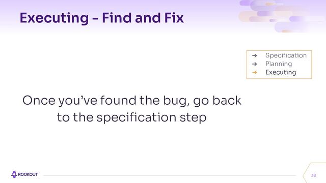 Executing - Find and Fix
Once you’ve found the bug, go back
to the speciﬁcation step
38
➔ Speciﬁcation
➔ Planning
➔ Executing
