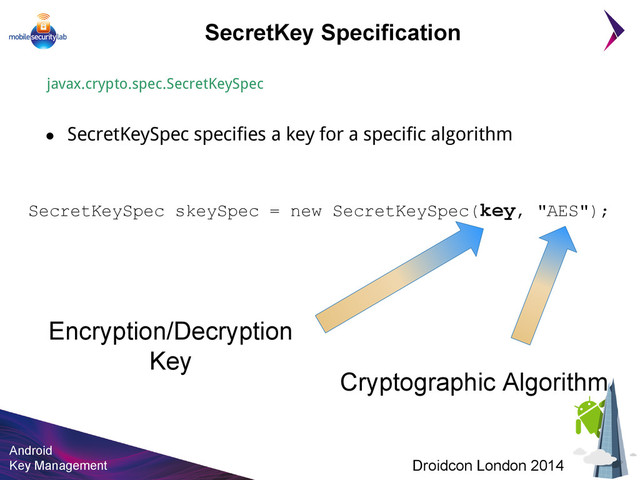 Android
Key Management Droidcon London 2014
SecretKey Specification
javax.crypto.spec.SecretKeySpec
● SecretKeySpec specifies a key for a specific algorithm
SecretKeySpec skeySpec = new SecretKeySpec(key, "AES");
Encryption/Decryption
Key
Cryptographic Algorithm
