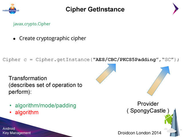 Android
Key Management Droidcon London 2014
Cipher GetInstance
javax.crypto.Cipher
● Create cryptographic cipher
Cipher c = Cipher.getInstance("AES/CBC/PKCS5Padding”,“SC”);
Transformation
(describes set of operation to
perform):
• algorithm/mode/padding
• algorithm
Provider
( SpongyCastle )
