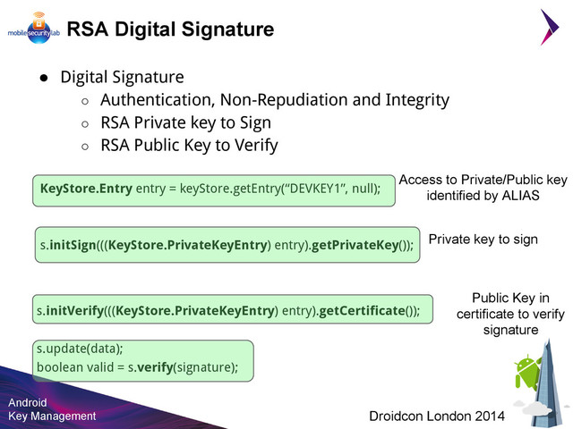 Android
Key Management Droidcon London 2014
s.initVerify(((KeyStore.PrivateKeyEntry) entry).getCertificate());
s.update(data);
boolean valid = s.verify(signature);
RSA Digital Signature
● Digital Signature
○ Authentication, Non-Repudiation and Integrity
○ RSA Private key to Sign
○ RSA Public Key to Verify
KeyStore.Entry entry = keyStore.getEntry(“DEVKEY1”, null);
s.initSign(((KeyStore.PrivateKeyEntry) entry).getPrivateKey());
Access to Private/Public key
identified by ALIAS
Private key to sign
Public Key in
certificate to verify
signature
