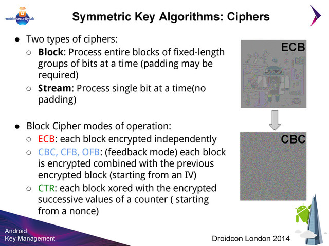 Android
Key Management Droidcon London 2014
Symmetric Key Algorithms: Ciphers
● Two types of ciphers:
○ Block: Process entire blocks of fixed-length
groups of bits at a time (padding may be
required)
○ Stream: Process single bit at a time(no
padding)
● Block Cipher modes of operation:
○ ECB: each block encrypted independently
○ CBC, CFB, OFB: (feedback mode) each block
is encrypted combined with the previous
encrypted block (starting from an IV)
○ CTR: each block xored with the encrypted
successive values of a counter ( starting
from a nonce)
ECB
CBC

