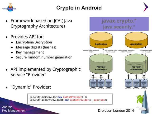 Android
Key Management Droidcon London 2014
Crypto in Android
● Framework based on JCA ( Java
Cryptography Architecture)
● Provides API for:
● Encryption/Decryption
● Message digests (hashes)
● Key management
● Secure random number generation
● API implemented by Cryptographic
Service "Provider"
● "Dynamic" Provider:
javax.crypto.*
java.security.*
