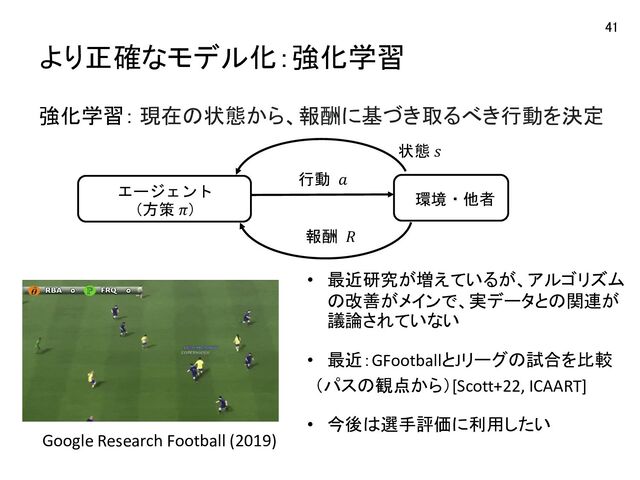 より正確なモデル化：強化学習
41
Google Research Football (2019)
強化学習： 現在の状態から、報酬に基づき取るべき行動を決定
エージェント
（方策 𝜋）
状態 𝑠
行動 𝑎
報酬 𝑅
環境・他者
• 最近研究が増えているが、アルゴリズム
の改善がメインで、実データとの関連が
議論されていない
• 最近：GFootballとJリーグの試合を比較
（パスの観点から）[Scott+22, ICAART]
• 今後は選手評価に利用したい
