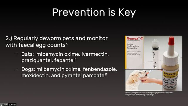 Prevention is Key
2.) Regularly deworm pets and monitor
with faecal egg counts6
– Cats: mibemycin oxime, ivermectin,
praziquantel, febantel8
– Dogs: milbemycin oxime, fenbendazole,
moxidectin, and pyrantel pamoate11
Photo: yourpetsource.com/shop/dogs/pyrantel-pamoate-
suspension-deworming-cats-dogs/
