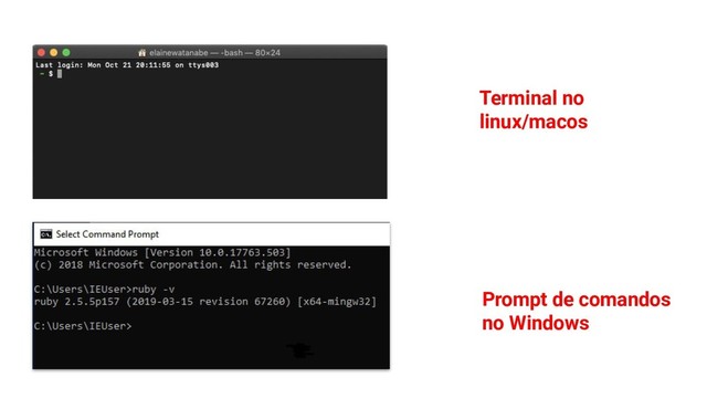 Terminal no
linux/macos
Prompt de comandos
no Windows
