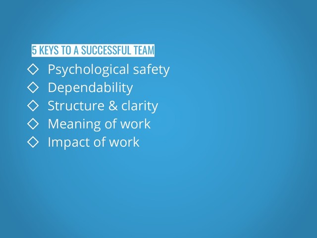 5 KEYS TO A SUCCESSFUL TEAM
◇ Psychological safety
◇ Dependability
◇ Structure & clarity
◇ Meaning of work
◇ Impact of work
