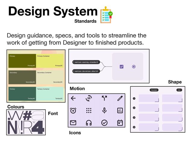 Design System
Standards
Design guidance, specs, and tools to streamline the
work of getting from Designer to ﬁnished products.
Colours
Motion
Icons
Shape
Font
