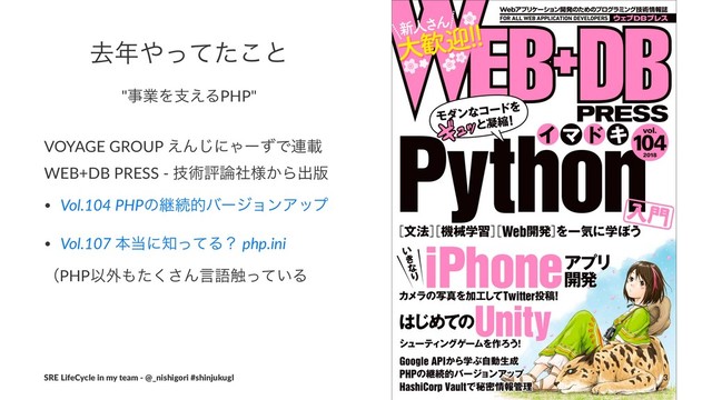 ڈ೥΍ͬͯͨ͜ͱ
"ࣄۀΛࢧ͑ΔPHP"
VOYAGE GROUP ͑Μ͡ʹΌʔͣͰ࿈ࡌ
WEB+DB PRESS - ٕज़ධ࿦༷͔ࣾΒग़൛
• Vol.104 PHPͷܧଓతόʔδϣϯΞοϓ
• Vol.107 ຊ౰ʹ஌ͬͯΔʁ php.ini
ʢPHPҎ֎΋ͨ͘͞Μݴޠ৮͍ͬͯΔ
SRE LifeCycle in my team - @_nishigori #shinjukugl 3
