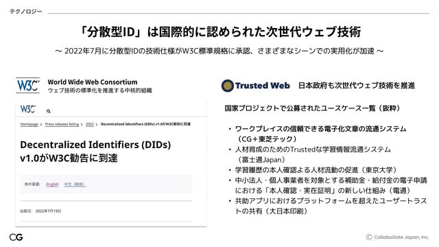 CollaboGate Japan, Inc.
テクノロジー
「分散型ID」は国際的に認められた次世代ウェブ技術
World Wide Web Consortium

ウェブ技術の標準化を推進する中核的組織
〜 2022年7月に分散型IDの技術仕様がW3C標準規格に承認、さまざまなシーンでの実用化が加速 〜
日本政府も次世代ウェブ技術を推進
国家プロジェクトで公募されたユースケース一覧（抜粋
} ワークプレイスの信頼できる電子化文章の流通システム 
（CG＋東芝テック
} 人材育成のためのTrustedな学習情報流通システム 
（富士通Japan@
} 学習履歴の本人確認よる人材流動の促進（東京大学@
} 中小法人・個人事業者を対象とする補助金・給付金の電子申請
における「本人確認・実在証明」の新しい仕組み（電通@
} 共助アプリにおけるプラットフォームを超えたユーザートラス
トの共有（大日本印刷）

