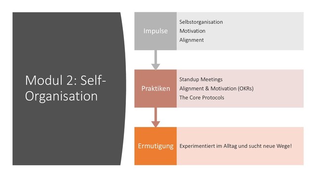 Modul 2: Self-
Organisation
Ermutigung Experimentiert im Alltag und sucht neue Wege!
Praktiken
Standup Meetings
Alignment & Motivation (OKRs)
The Core Protocols
Impulse
Selbstorganisation
Motivation
Alignment
