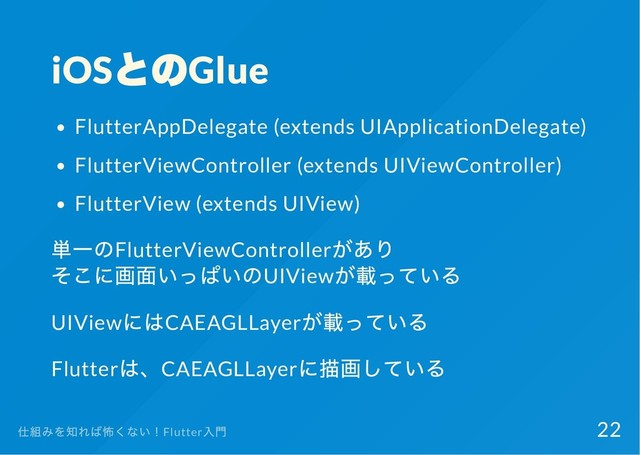 iOS
とのGlue
FlutterAppDelegate (extends UIApplicationDelegate)
FlutterViewController (extends UIViewController)
FlutterView (extends UIView)
単一のFlutterViewController
があり
そこに画面いっぱいのUIView
が載っている
UIView
にはCAEAGLLayer
が載っている
Flutter
は、CAEAGLLayer
に描画している
仕組みを知れば怖くない！Flutter
入門 22
