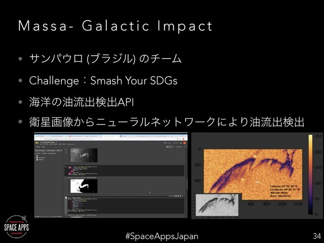 #SpaceAppsJapan
M a s s a - G a l a c t i c I m p a c t
• αϯύ΢ϩ (ϒϥδϧ) ͷνʔϜ
• ChallengeɿSmash Your SDGs
• ւ༸ͷ༉ྲྀग़ݕग़API
• Ӵ੕ը૾͔ΒχϡʔϥϧωοτϫʔΫʹΑΓ༉ྲྀग़ݕग़
34
