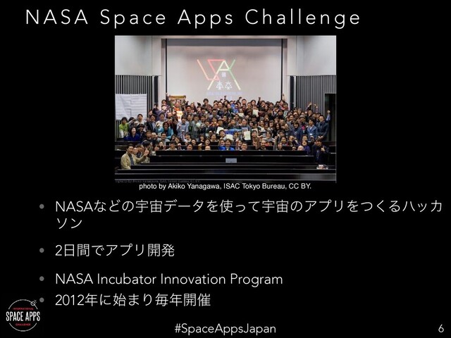 #SpaceAppsJapan
N A S A S p a c e A p p s C h a l l e n g e
6
• NASAͳͲͷӉ஦σʔλΛ࢖ͬͯӉ஦ͷΞϓϦΛͭ͘ΔϋοΧ
ιϯ
• 2೔ؒͰΞϓϦ։ൃ
• NASA Incubator Innovation Program
• 2012೥ʹ࢝·Γຖ೥։࠵
photo by Akiko Yanagawa, ISAC Tokyo Bureau, CC BY.
