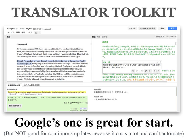 Google’s one is great for start.
TRANSLATOR TOOLKIT
(But NOT good for continuous updates because it costs a lot and can’t automate)
