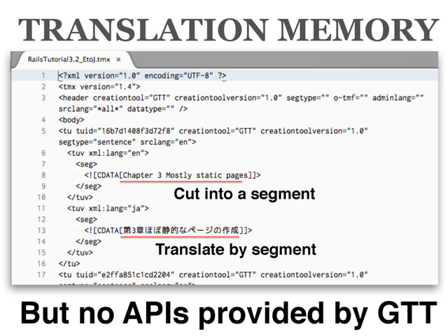 TRANSLATION MEMORY
But no APIs provided by GTT
Cut into a segment
Translate by segment
