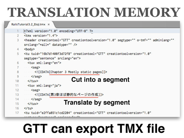 TRANSLATION MEMORY
GTT can export TMX ﬁle
Cut into a segment
Translate by segment
