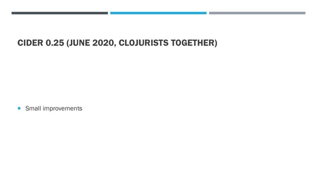 CIDER 0.25 (JUNE 2020, CLOJURISTS TOGETHER)
 Small improvements
