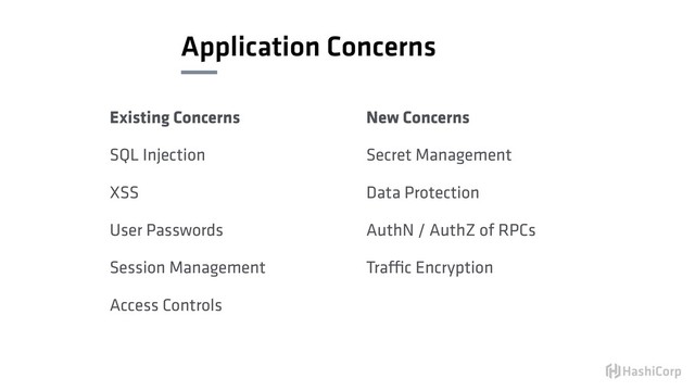 Application Concerns
Existing Concerns
SQL Injection
XSS
User Passwords
Session Management
Access Controls
New Concerns
Secret Management
Data Protection
AuthN / AuthZ of RPCs
Traffic Encryption
