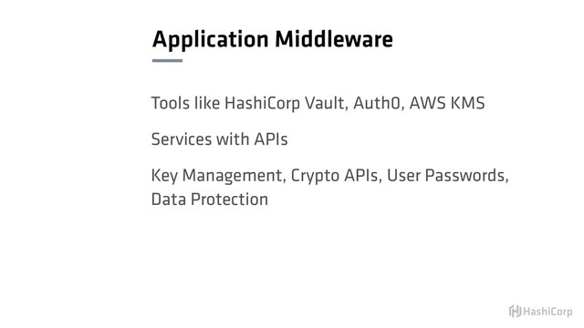 Application Middleware
Tools like HashiCorp Vault, Auth0, AWS KMS
Services with APIs
Key Management, Crypto APIs, User Passwords,
Data Protection
