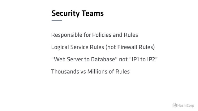 Security Teams
Responsible for Policies and Rules
Logical Service Rules (not Firewall Rules)
“Web Server to Database” not “IP1 to IP2”
Thousands vs Millions of Rules
