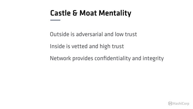 Castle & Moat Mentality
Outside is adversarial and low trust
Inside is vetted and high trust
Network provides conﬁdentiality and integrity
