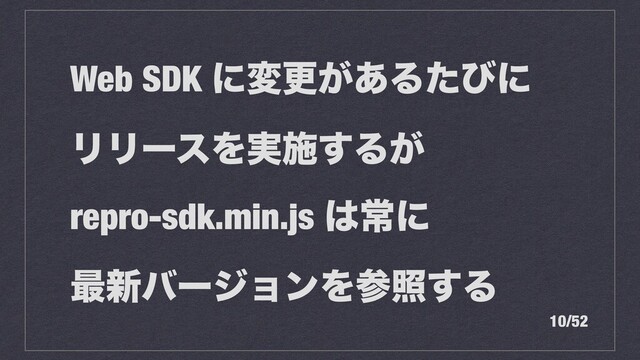 Web SDK ʹมߋ͕͋Δͨͼʹ


ϦϦʔεΛ࣮ࢪ͢Δ͕


repro-sdk.min.js ͸ৗʹ


࠷৽όʔδϣϯΛࢀর͢Δ
10/52
