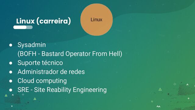 Linux (carreira)
● Sysadmin
(BOFH - Bastard Operator From Hell)
● Suporte técnico
● Administrador de redes
● Cloud computing
● SRE - Site Reability Engineering
