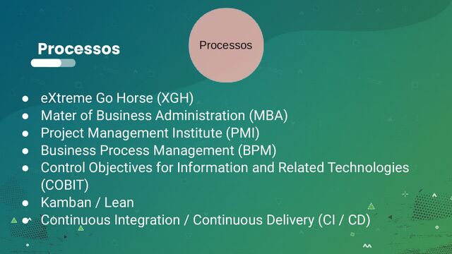 Processos
● eXtreme Go Horse (XGH)
● Mater of Business Administration (MBA)
● Project Management Institute (PMI)
● Business Process Management (BPM)
● Control Objectives for Information and Related Technologies
(COBIT)
● Kamban / Lean
● Continuous Integration / Continuous Delivery (CI / CD)
