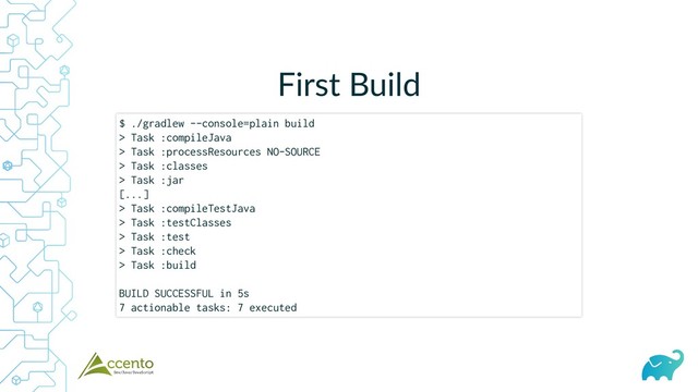 First Build
$ ./gradlew --console=plain build
> Task :compileJava
> Task :processResources NO-SOURCE
> Task :classes
> Task :jar
[...]
> Task :compileTestJava
> Task :testClasses
> Task :test
> Task :check
> Task :build
BUILD SUCCESSFUL in 5s
7 actionable tasks: 7 executed
