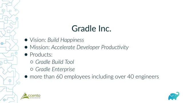Gradle Inc.
⬢
⬢
⬢
⬡
⬡
⬢
Vision: Build Happiness
Mission: Accelerate Developer Produc vity
Products:
Gradle Build Tool
Gradle Enterprise
more than 60 employees including over 40 engineers
