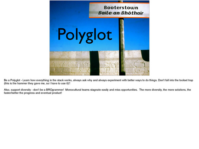 Polyglot
Be a Polyglot - Learn how everything in the stack works, always ask why and always experiment with better ways to do things. Don't fall into the toolset trap
(this is the hammer they gave me, so I have to use it)!!
Also, support diversity - don’t be a BROgrammer! Monocultural teams stagnate easily and miss opportunities. The more diversity, the more solutions, the
faster/better the progress and eventual product!
